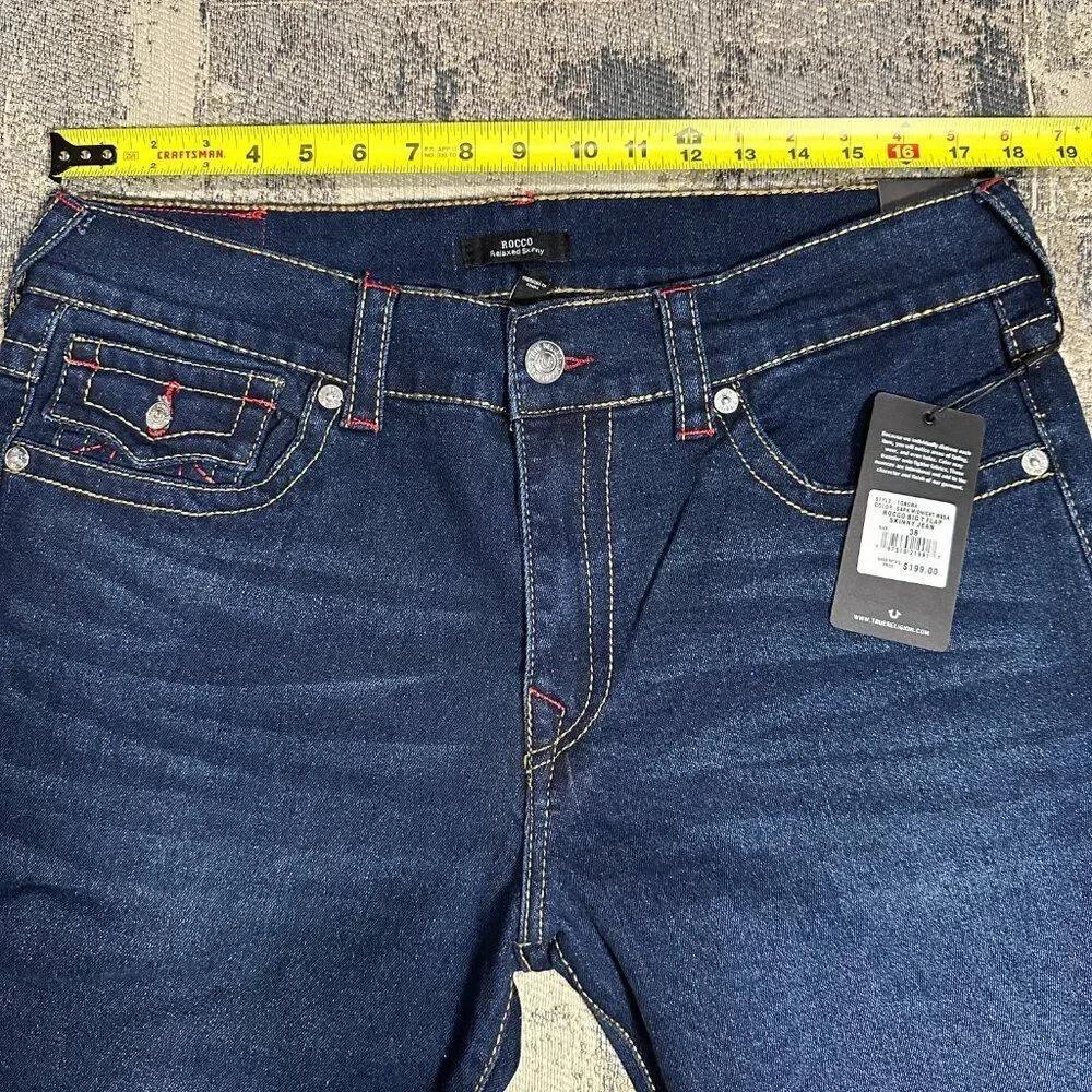 True Religion Men Jeans Blue ROCCO Big T Flap Relaxed Skinny $199 size 34 36 NEW